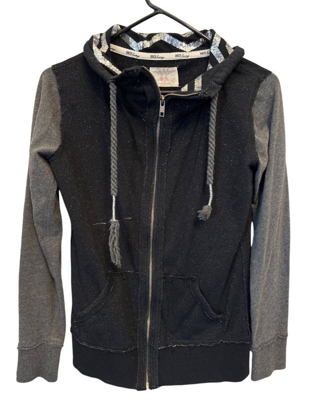 BKE Lounge Full Zip Jacket Size XS Long Sleeve Sequin Embellished Black Silver